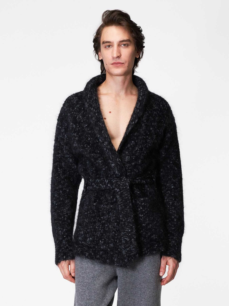 Uomo ROBERTO COLLINA Cardigan E Giacche | Cardigan Animalier Con Cintura Nero